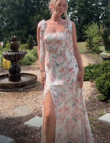 Chic Chiffon Print Floral A Line Slit Long Prom Dress With Bow Straps HZ1023